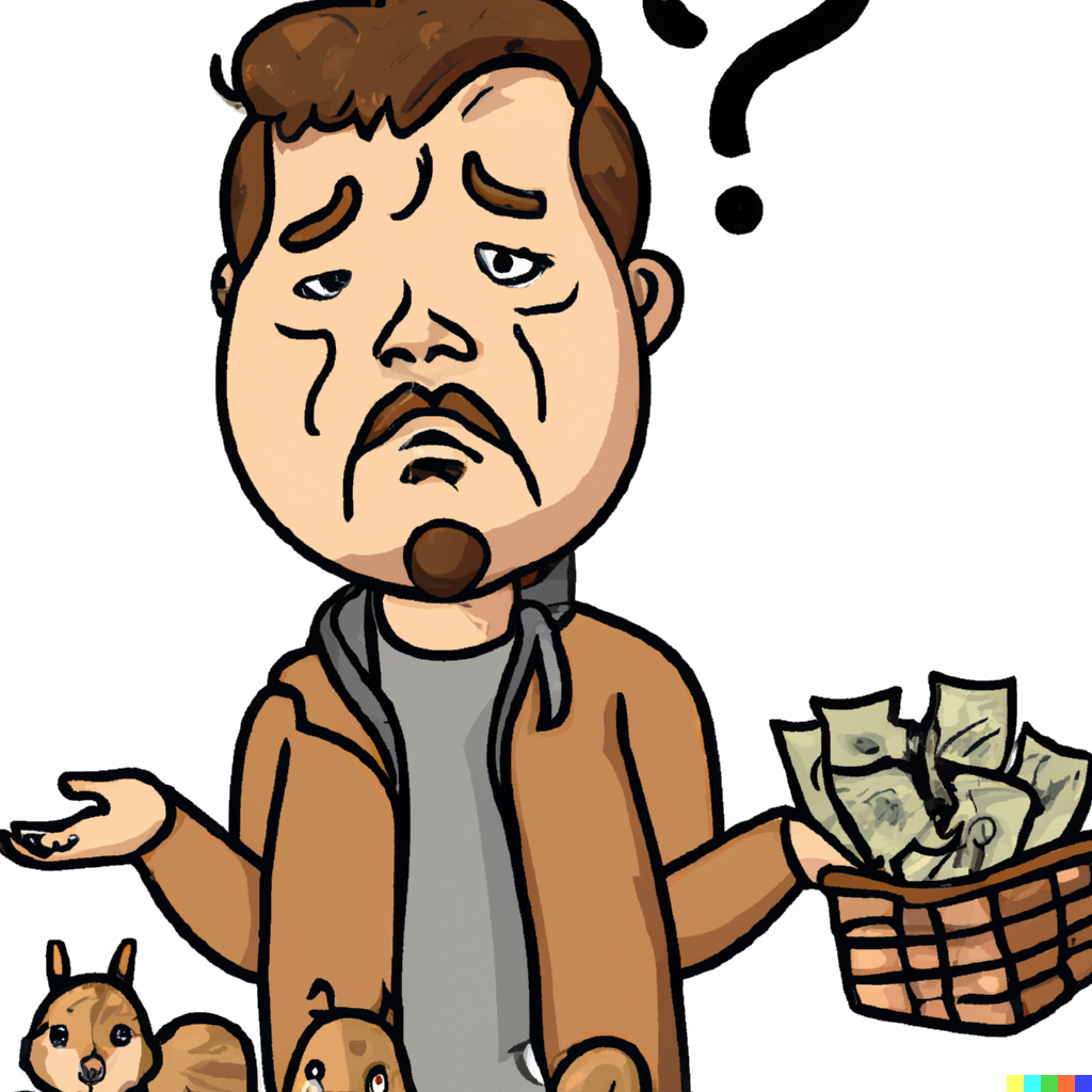 DALL·E 2022-09-06 22.00.00 - A bored man with money Selling squirrels.png